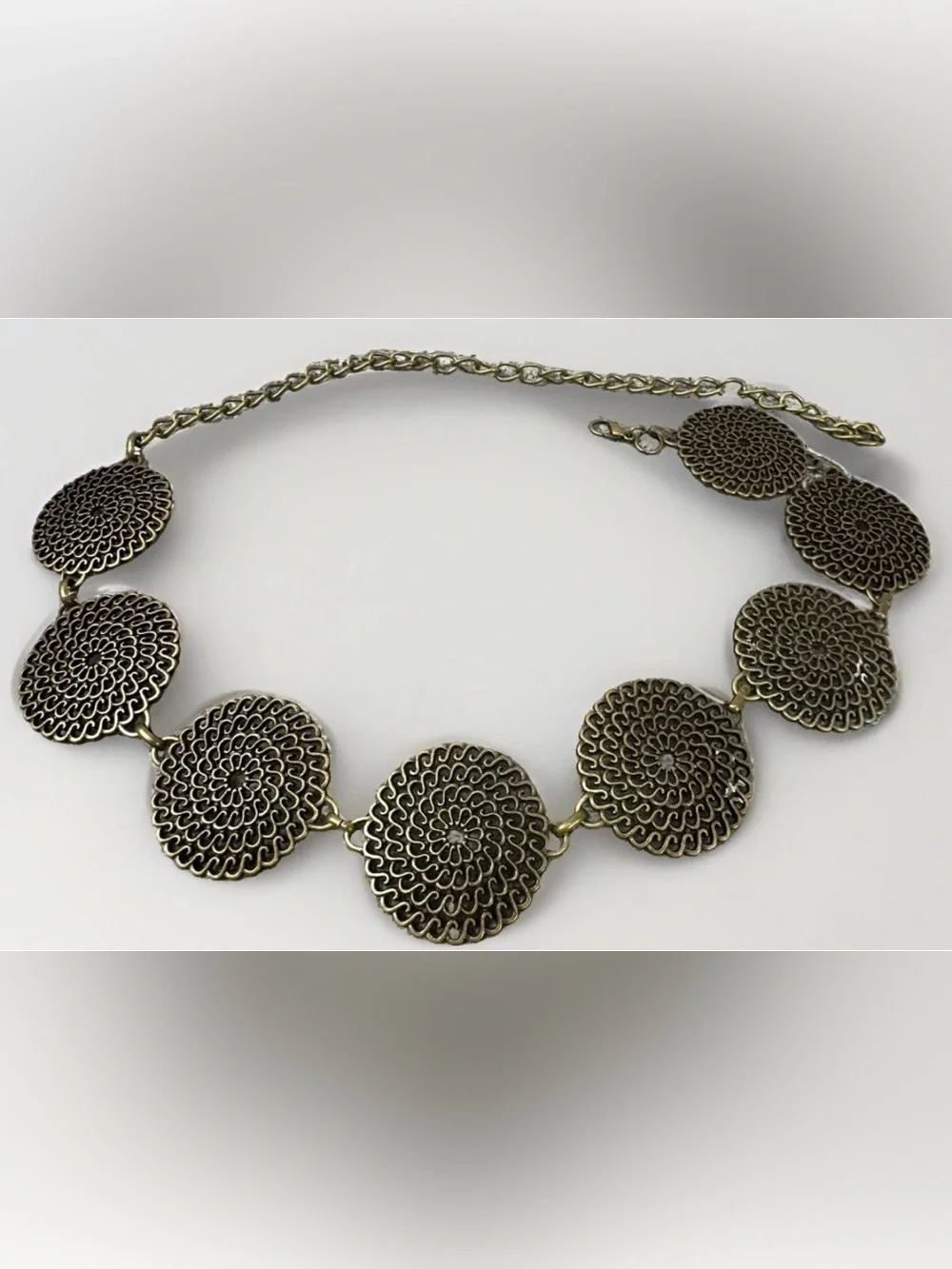 Vintage Solid Brass Filigree Medallion Chain Belt Boho Festival Adjustable 24-39